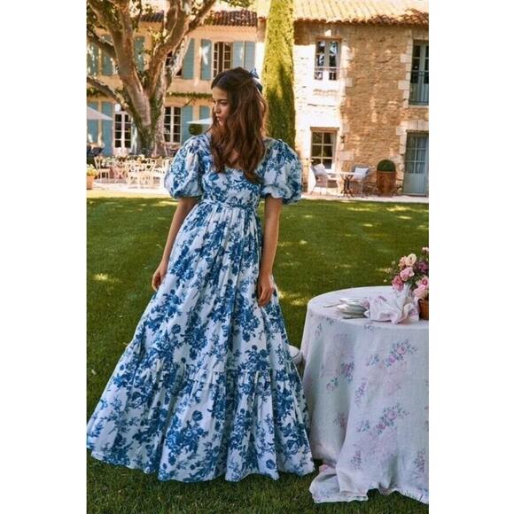 LoveShackFancy DANBURY Blue Floral Maxi Gown Dress Bridal Resort Vacation Sz 2 - Picture 1 of 16